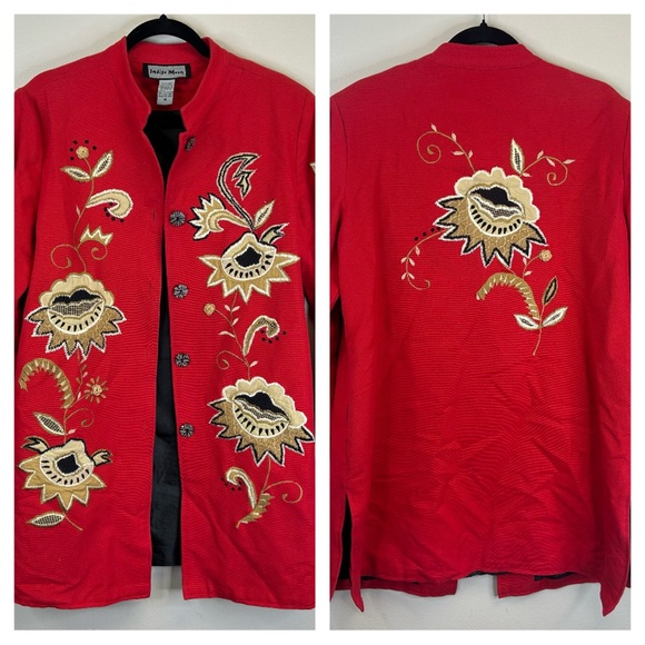 indigo moon Jackets & Blazers - Indigo Moon M Red Floral Embroidered Jacket Floral Oriental Mandarin Buttons